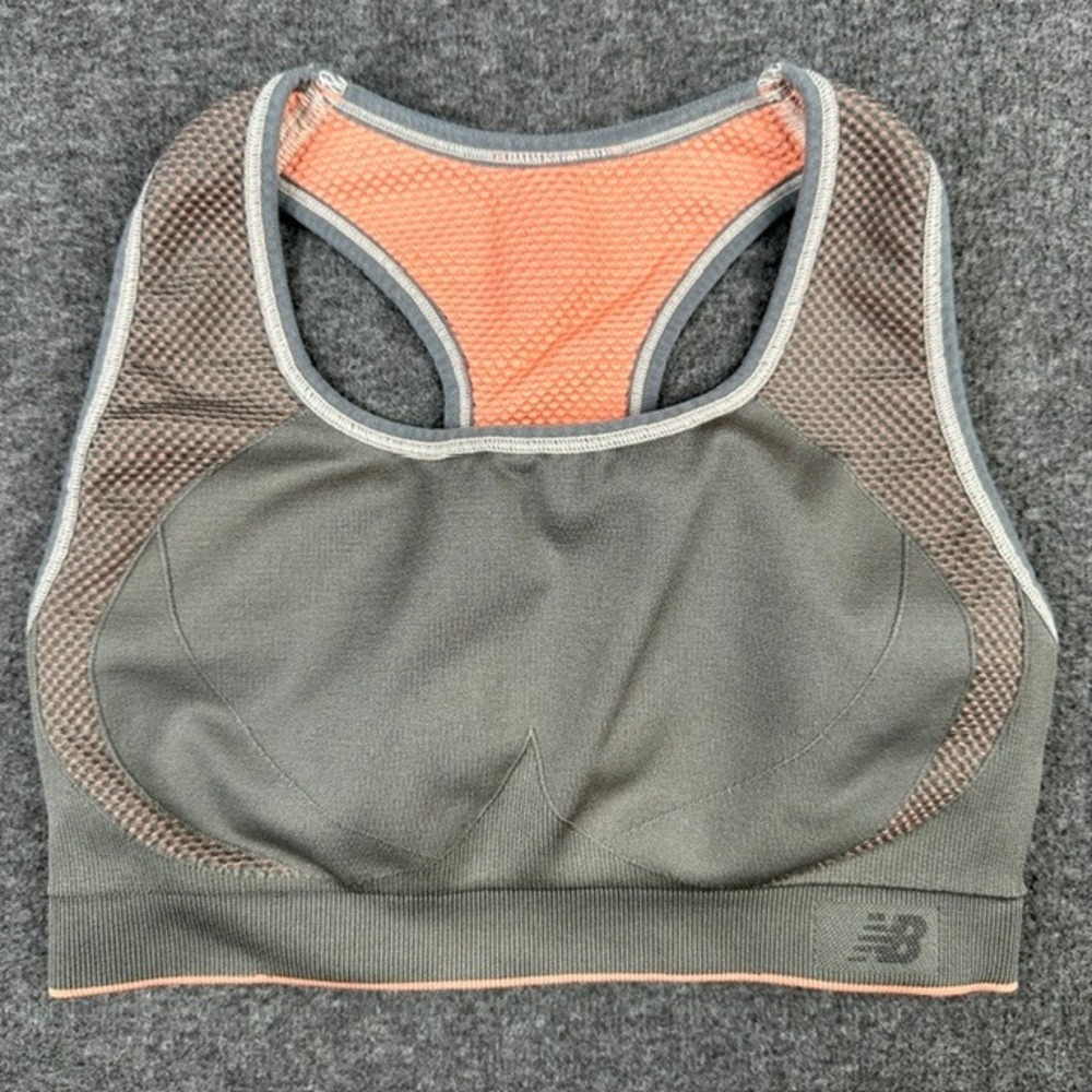New Balance Reversible Sports Bra Olive Green Coral Orange Racerback Seamless